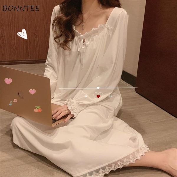 

nightgowns sleepshirts loose plus size women sleepwear white lace long sleeve comfortable princess korean home clothing, Black;red