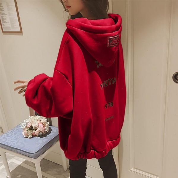 

autumn winter hoodies womens loose large size zipper letter print thickening plus sweatshirt female casual coat, Black