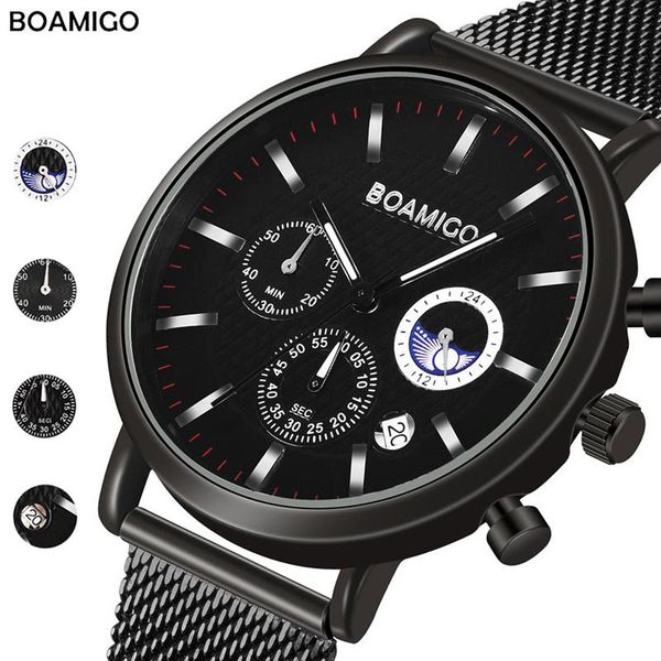 

wristwatches boamigo military sport wristwatch men stainless steel mesh waterproof 24h display chronograph watch man casual date clock quart, Slivery;brown