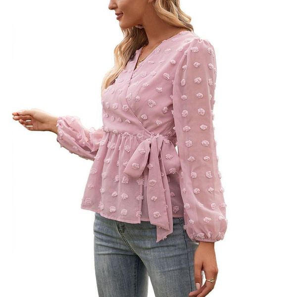 

women's blouses & shirts autumn and spring long sleeve solid color t-shirt with jacquard bandage v-neck puff top, White