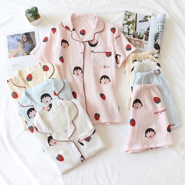 

2020 new short pajamas 100% cotton crepe short sleeve ladies pajamas short sleeve shorts suit cute cartoon girl home service, Black;red