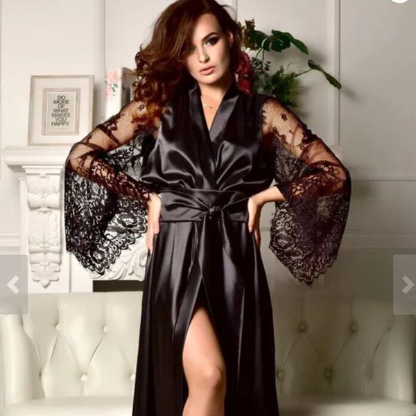 

ladies pajamas women sleepwear long sleeve bathrobe waistband hollow out high waist comfortable v neck lace nightdress perspective 5 colors, Black;red
