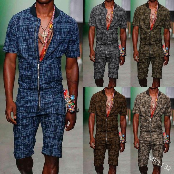 

fashion short sleeve mens rompers zipper jumpsuits men printed casual streetwear shorts spring summer male overalls plus size, Gray