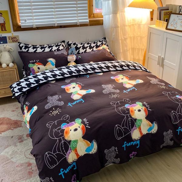 

bedding sets cartoon black printing panda children boy/kids set duvet cover bed sheet pillowcase linens bedclothes