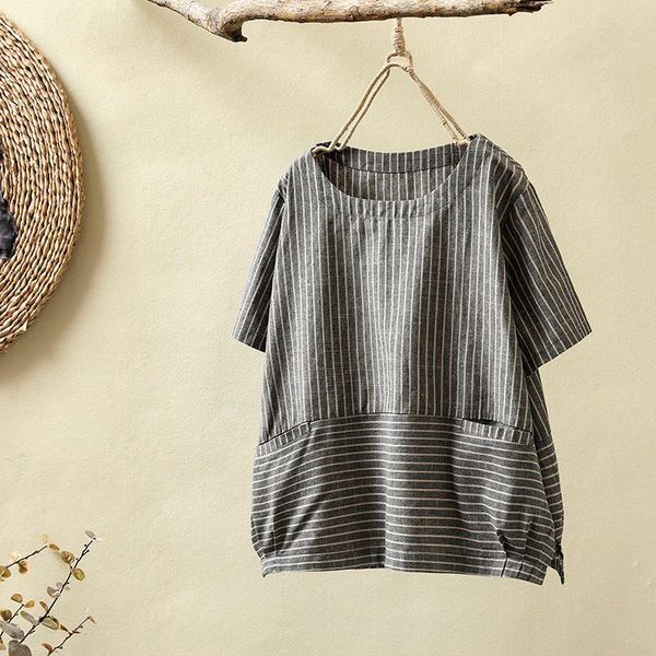 

plus size t-shirt cotton linen blouse shirt striped gray casual o-neck women summer clothing, Black