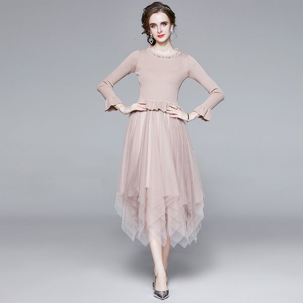 

2021 new women autumn knit mesh patchwork festa wedding party robe femme flare sleeve runway designer vestidos a55n, Black;gray