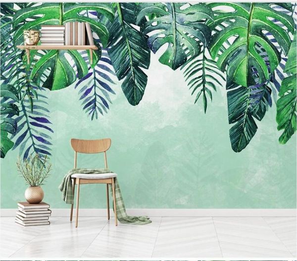 

xue su large custom mural wallpaper nordic simple hand-painted small fresh tropical leaves tv sofa background wall