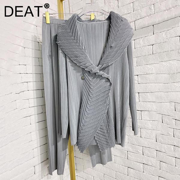 

women's two piece pants women pleated suit designer lapel collar long sleeve blouse + high elastic casual style 20121 autumn 15jk243, White