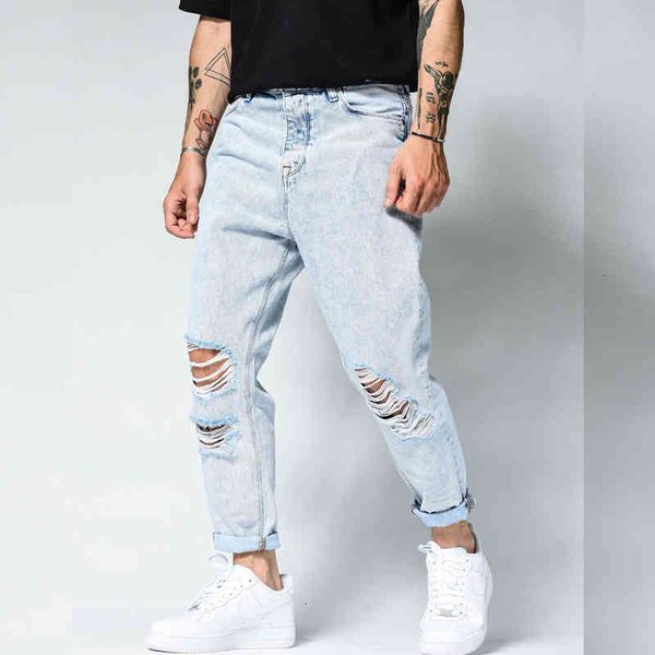

men's jeans fashion streetwear light blue designer pencil pants slim fit hip hop elastic trousers isw0