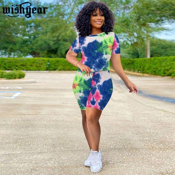 

women's tracksuits tie-dyed print short sleeve t-shirts sheath elastic shorts two piece set 2021 summer tracksuit casual outfit fitness, Gray