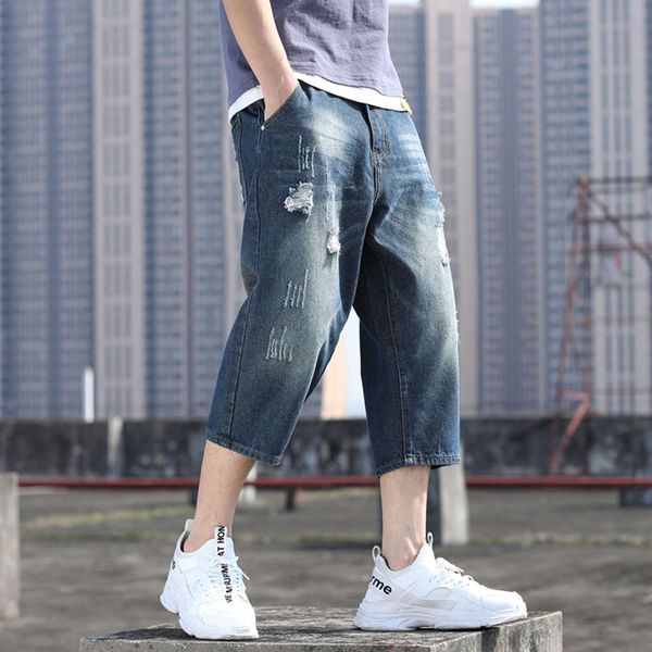 

summer holeless wide leg men's fashion capris, Blue