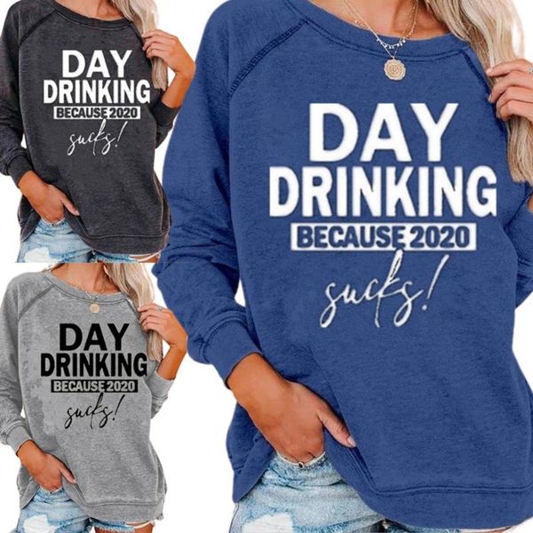 

women raglan long sleeve sweatshirt day drinking because 2021 sucks letters print tunic solid color loose streetwear, Black