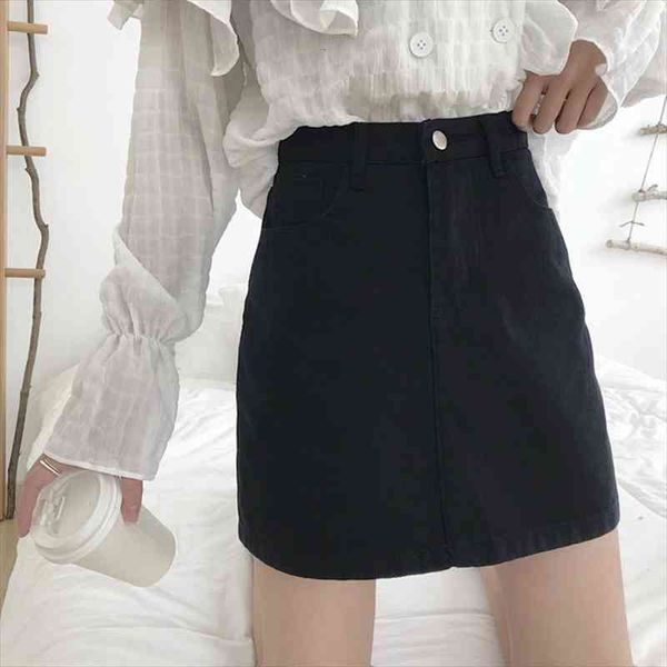 

jean high waist pure color women skirt black pockets fashion slim short a-line hip