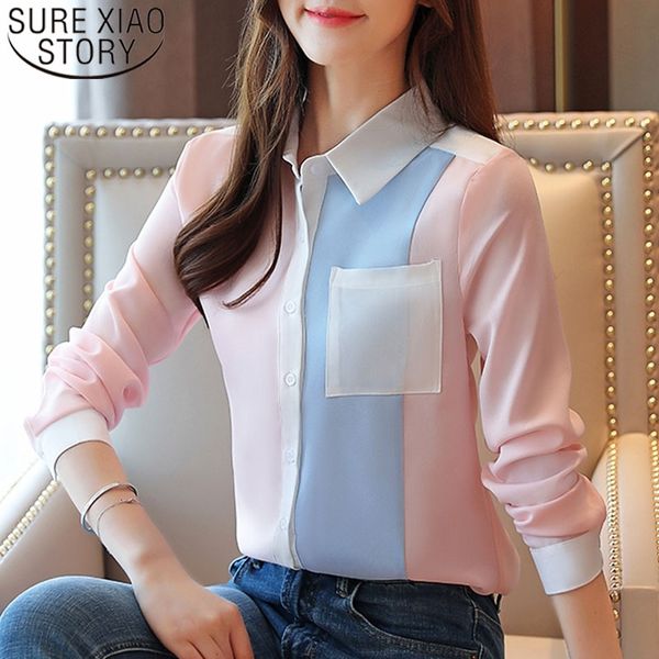 

2021 fashion blouse women spring office lady shirts casual long sleeve pocket chiffon shirts womens and blouses 6196 50 210308, White