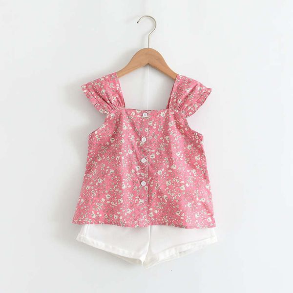 

children's new style 2021 summer wear korean girls' suit floral suspender + solid color shorts two piece set, White