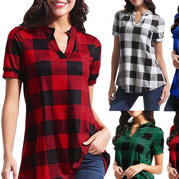 

women casual blouses 2021 new plaid printed short sleeve v neck irregular hem blouse shirt kobiety bluzki plus, White