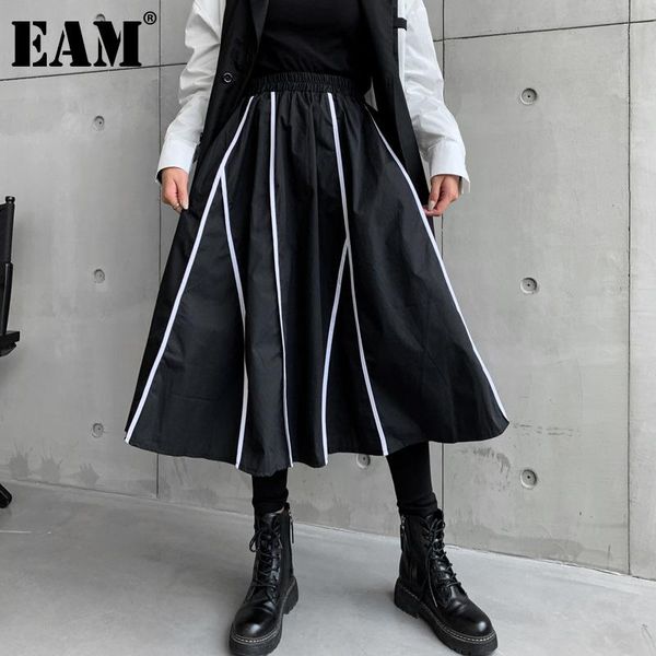 

skirts [eam] high elastic waist black liem spliced casual long half-body skirt women fashion tide spring autumn 2021 1de1829