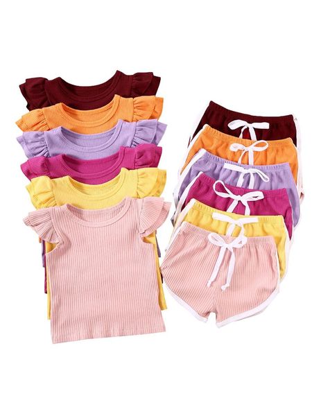 

clothing sets 2021 summer infant baby girls boys clothes ruffles short sleeve pullover t shirts shorts solid outfits, White