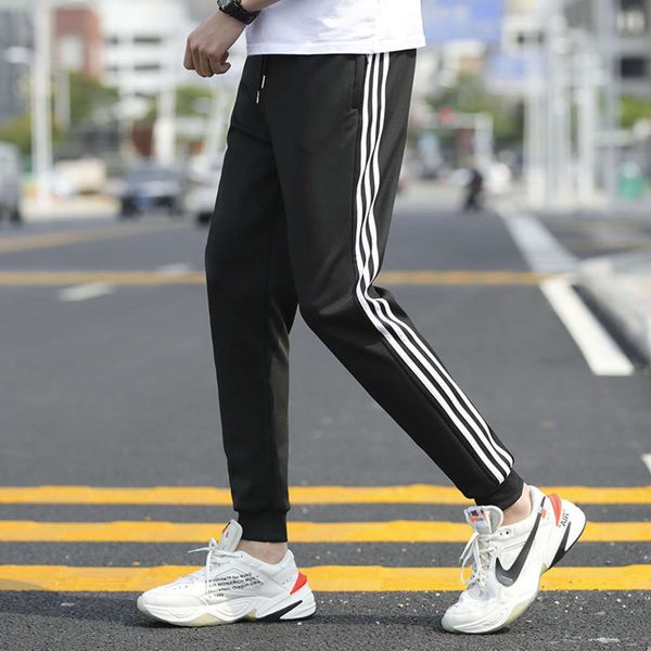 

men's cotton sports spring autumn casual versatile hemline big size tide brand three bar knitted pants, Black