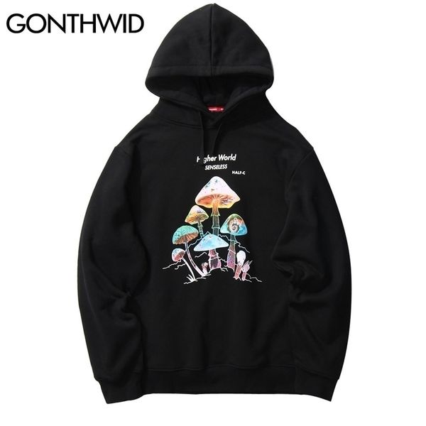 

gonthwid colorful mushroom print hooded sweatshirts hoodies streetwear harajuku casual pullover hoodie mens fashion 201112, Black