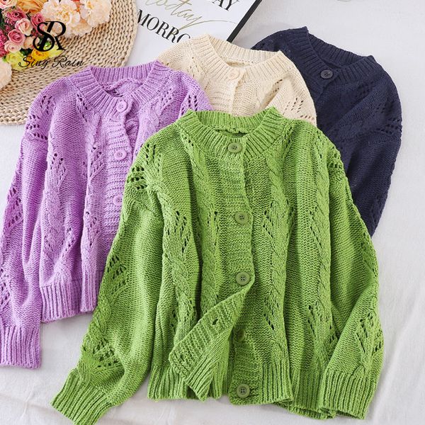 

women hollow out knitting cardigan korean o neck loose buttons autumn winter vintage solid casual cardigans, White;black