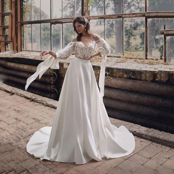

other wedding dresses herburnl simple a line illustion satin scoop neck long sleeves lace appliques bridal gowns for women, White