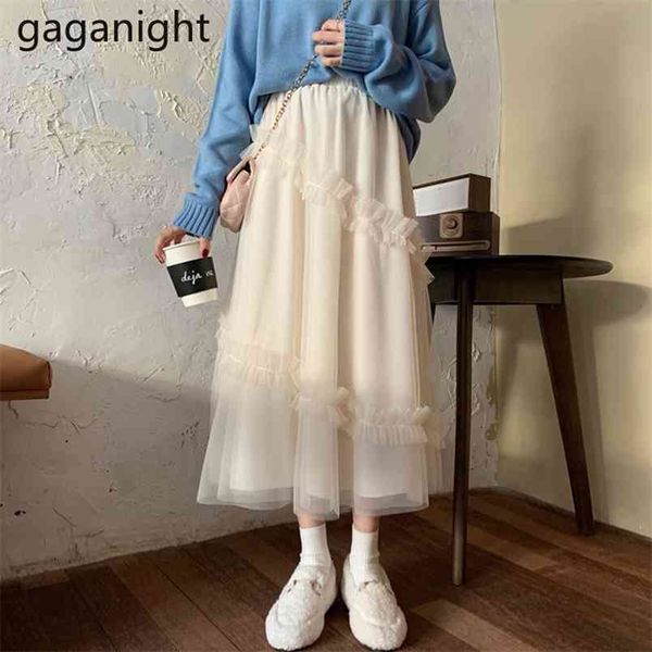 

spring summer tulle skirt women elastic high waist mesh s lining midi pleated tutu faldas mujer moda 210601, Black