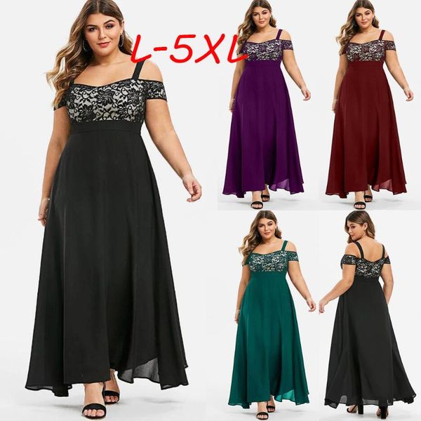 

casual dresses women plus size cold shoulder floral lace maxi party evening camis long dress l-5xl vestido robe vestidos sukienki elbise, Black;gray