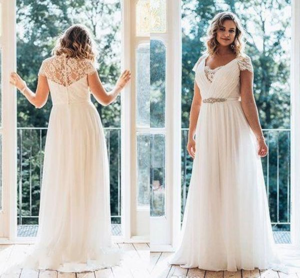 

2021 new elegant boho wedding es plus size v neck short sleeves crystal sash chiffon lace bridal gowns vestidos de mariee jpls, White