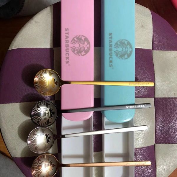 

4pcs set starbucks stainless steel coffee milk spoons with package box small round dessert mixing fruit spoon factory supply