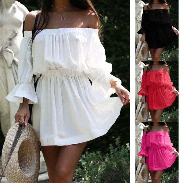 

party off shoulder slash women solid long sleeve autumn dress 2021 white fashion loose casual beach vestidos robe sundress, Black;gray