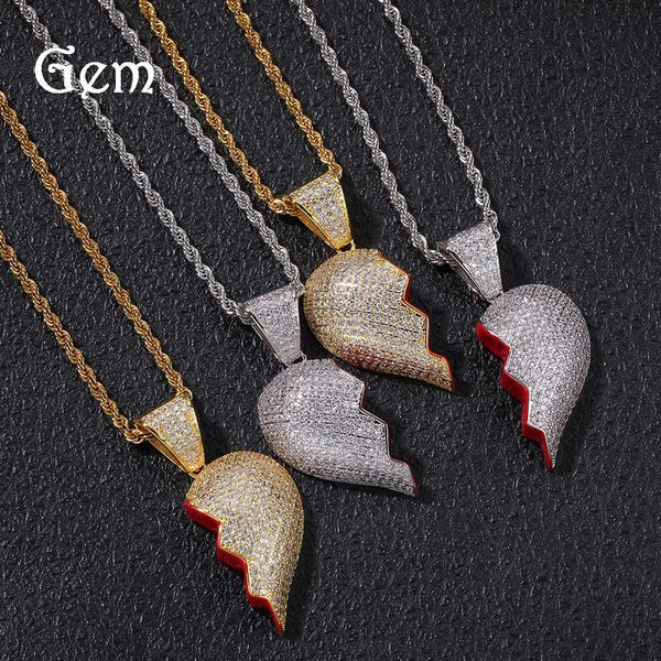 

hip hop personality two half heartbreak combination pendant copper inlaid with zircon broken heart magnetic pendant couple necklace, Silver