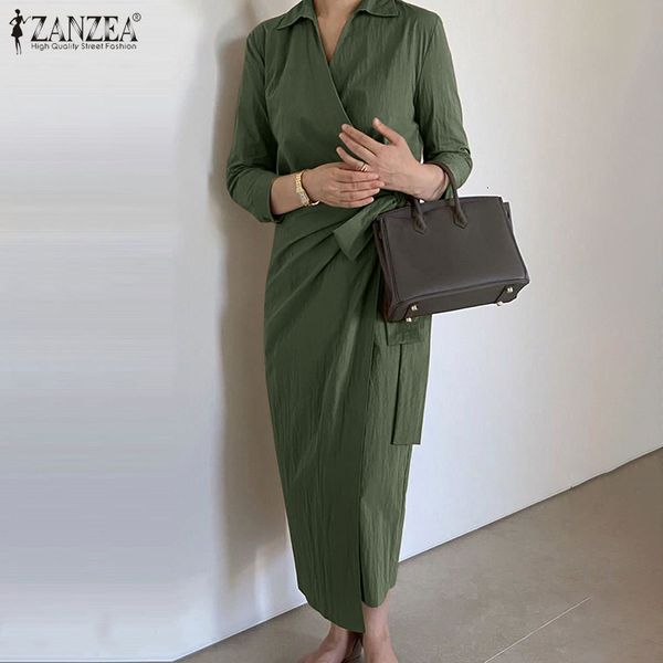 

2021 new plus size zanzea elegant spring lapel neck 3/4 sleeve solid mid-calf fashion women ol work sun lace up party vestidos 33mo, Black;gray