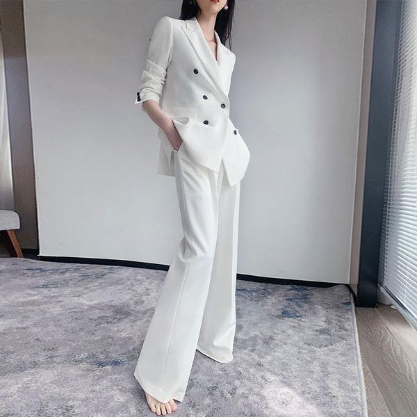 

2021 elegant office work wear pant suits white 2 piece sets double breasted blazer jacket & trousers suit for women set y396