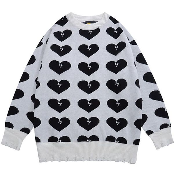 

men's sweaters harajuku knitted pullover sweater men women oversized broken heart full printed vintage jumper fashion korean autumn, White;black