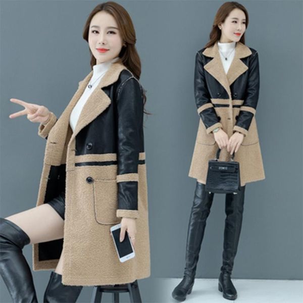 

women's trench coats women long sleeves turndown collar mid-length motorcycle jacket stitching coat, Tan;black