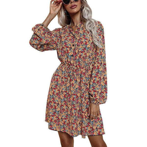 

casual dresses women big hem short dress, floral printed pattern stand-up collar long sleeve , s/ / l/ xl, Black;gray