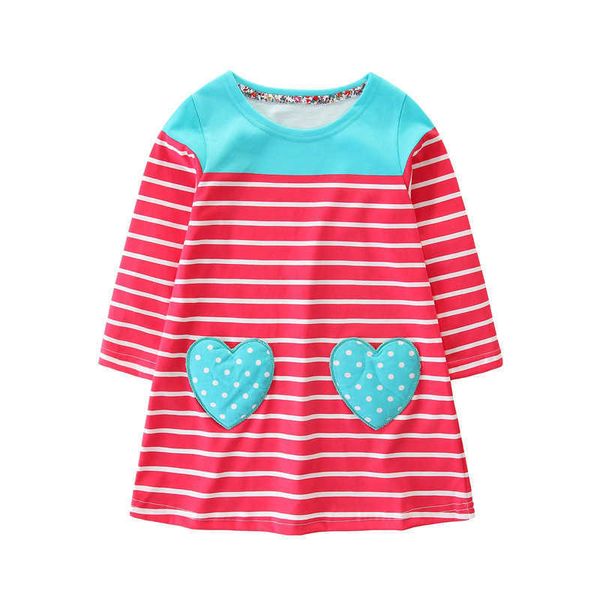Top-Marke Babykleidung Mädchen Kleider Streifen Herztaschen Kinder Baumwolle Kinder Langarm Herbstkleid Kind 210529