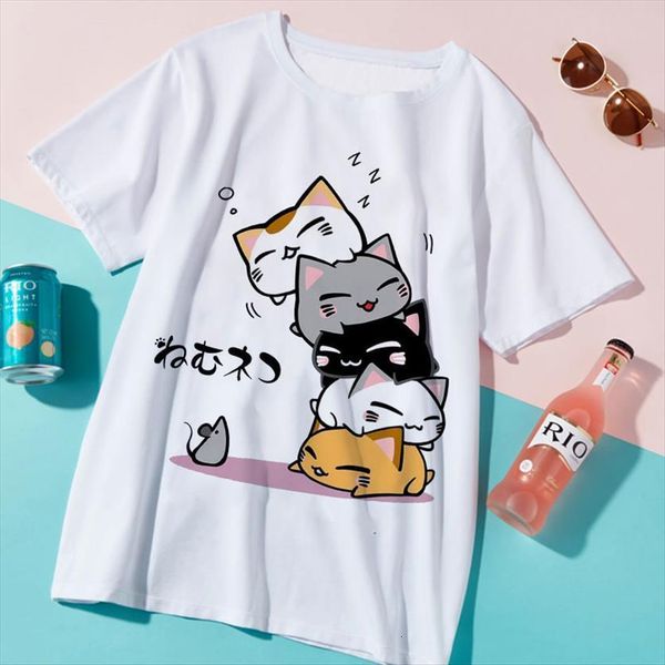

cute cat harajuku kawaii womens t shirts ulzzang korean style gothic graphic tee female streetwear, White