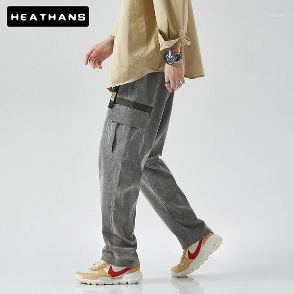 

men's pants autumn winter corduroy trousers loose oversize korean solid color cango male elastic waist casual pencil trouser, Black