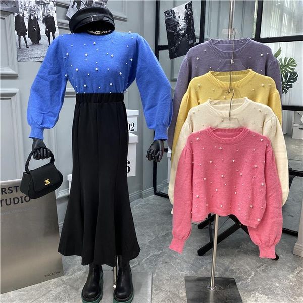 

women's sweaters design pearl nail round neck pullover 2021 gentle style lantern sleeve t-shirt ins, White;black