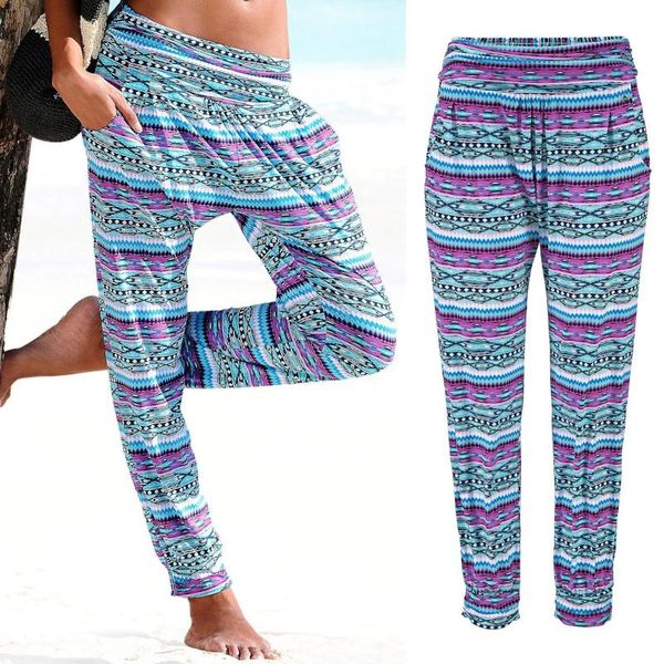 

women's pants & capris boho beach women long pockets ankle-length harem fashion print high waist casual, Black;white