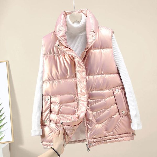 

women's vests 2021 women's shiny down cotton waterproof vest winter loose thick waistcoat jacket stand-up collar all-match, Black;white