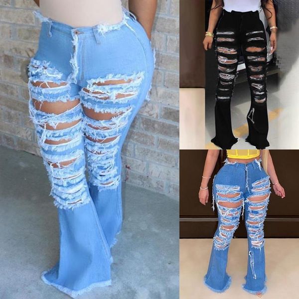 

women's leggings ripped jeans fringe hollow out ruffle flare denim pants high waist bodycon hole women trousers club outfits, Black