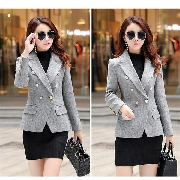 

women's suits & blazers spring autumn women high qulity fashion black double breasted woolen blazer slim long sleeve female suit coat o, White;black