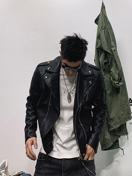 

men's leather & faux short slim-fit coat trendy handsome motorcycle jacket autumn and winter american metallic youth parka, Black