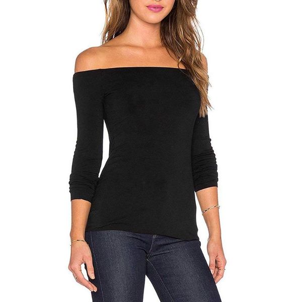 

women's t-shirt 2021 fashion autumn women long sleeve off shoulder solid color ladies female casual camiseta mujer, White