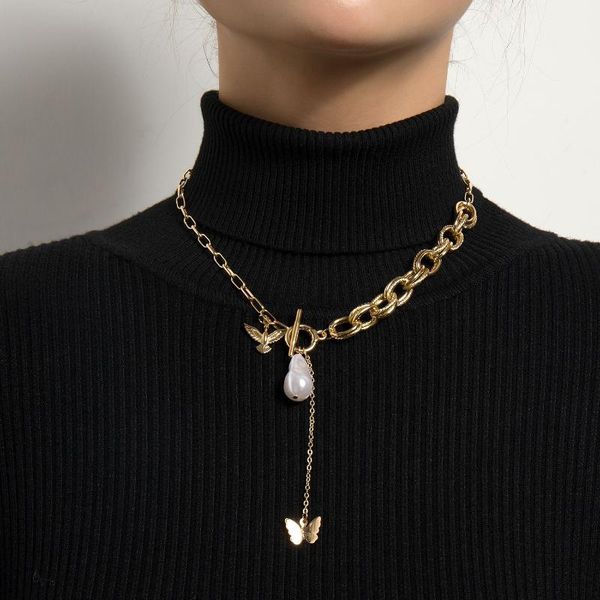 

pendant necklaces kmvexo punk bird butterfly necklace women baroque pearl gothic asymmetric chain toggle collares mujer jewlery, Silver