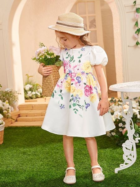 

toddler girls 1pc floral print puff sleeve dress she, Red;yellow