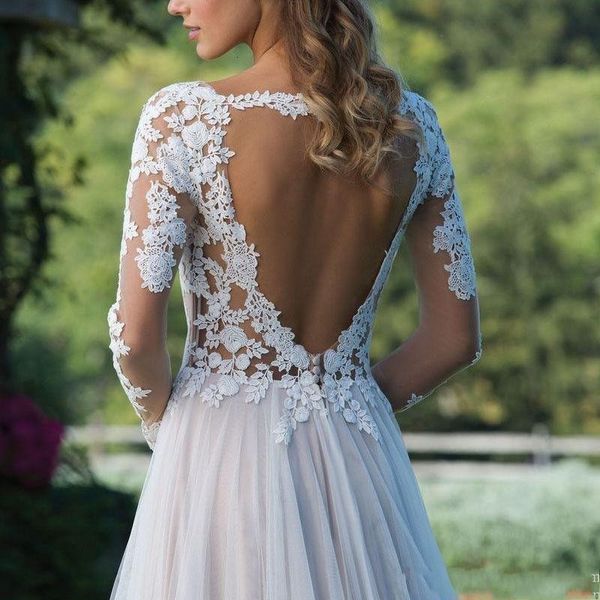 

new simple 2021 design long sleeves lace boho chiffon wedding es backless applique bridal gown custom made beach tulle lctm, White